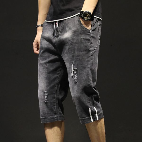 

audwhale summer men's calf length jeans pants mid waist loose ripped denim pants for men summer cotton pencil, Blue