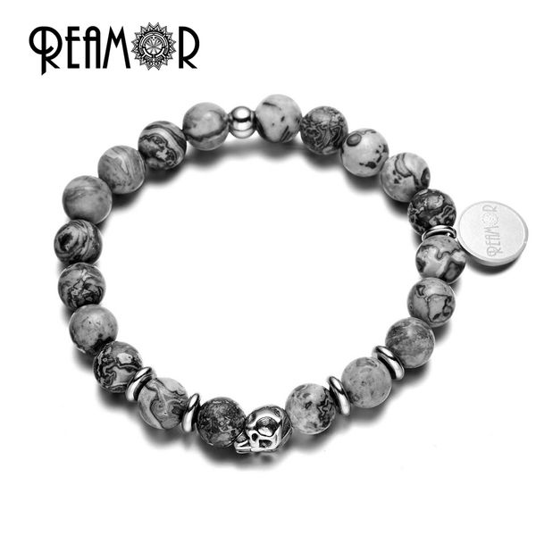 

reamor brand natural gray map stone bracelet stainless steel skull beads bracelet with tags elastic strand men bracelets, Golden;silver