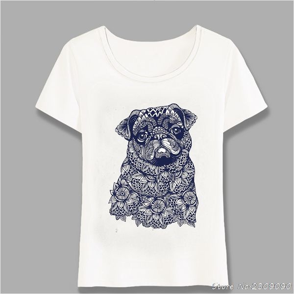 

new summer women t-shirt blue mandala of pug print t-shirt casual ladies novelty girl tee fashion short sleeve harajuku, White
