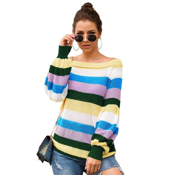 

sweater women oversized sweater knitted patchwork rainbow stripe o-neck sweter sueter mujer invierno 2019, White;black