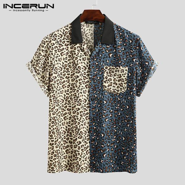 

men's casual shirts stylish shirt leopard patchwork high street personality chic short sleeve brand 2021 lapel camisas incerun, White;black