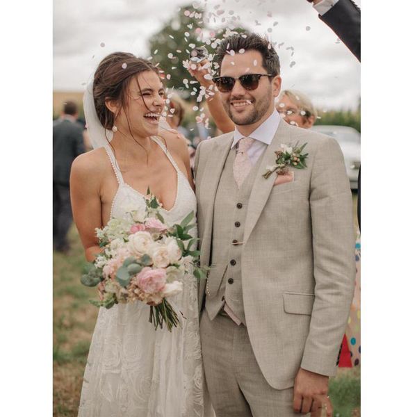 Champanhe Claro Três Peças (Casaco + Calça + Colete) Casamento Smoking Lapela Entalhada Um Botão Térmico Ajustado Ternos Conjuntos de Roupas de Inverno e Outono dos homens