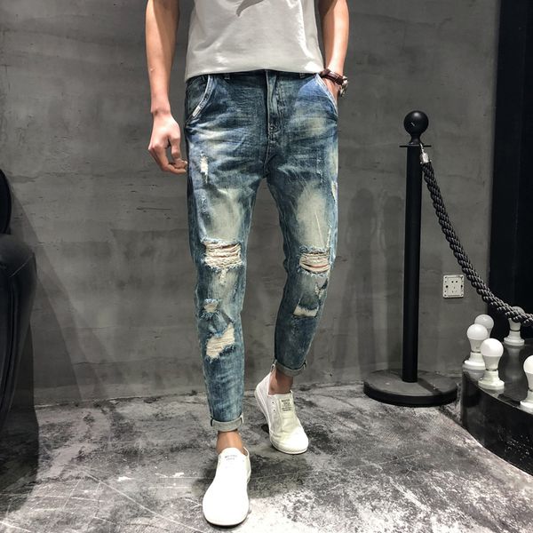 

2019 new youth fashion trend spring and summer big hole jeans stretch slim fashion small ankle pants men, Blue