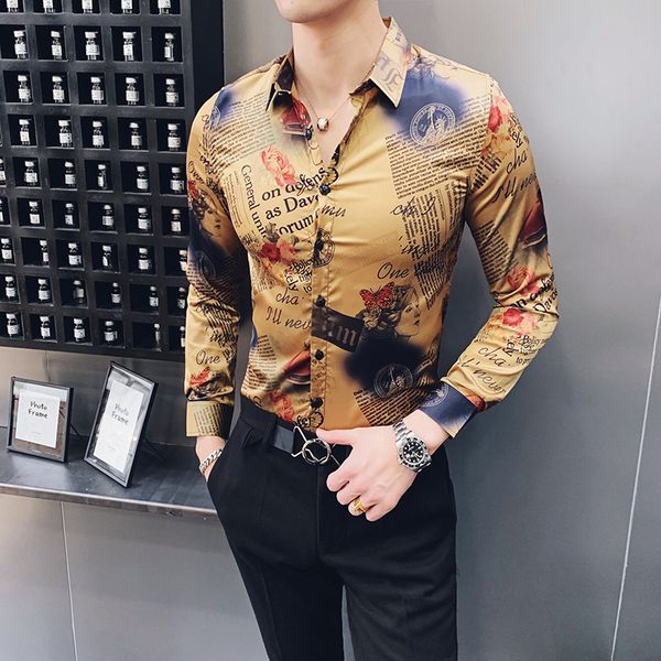 

retro newspaper printing shirts mens social club dress shirts slim fit gold camiseta floral vintage clothing mens long sleeves, White;black