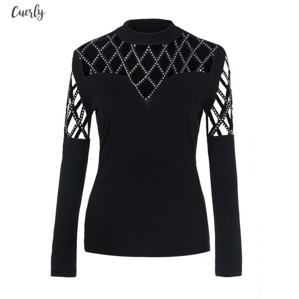 

autumn fashion rhinestone hollow out blouse ladies casual basic tee female womens long sleeve shirt blusas pullover, White