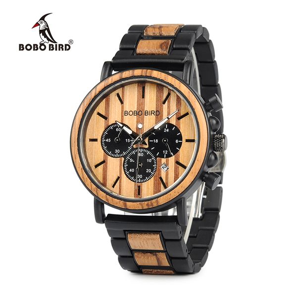 

bobo bird brand metal wood men watch chronograph quartz movement wristwatch calendar timepiece logo customize u-p09, Slivery;brown