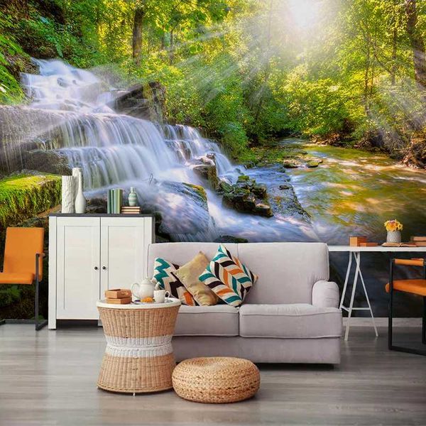 

custom any size waterfall green tree forest 3d p mural wallpaper modern living room sofa tv background wall papel de parede