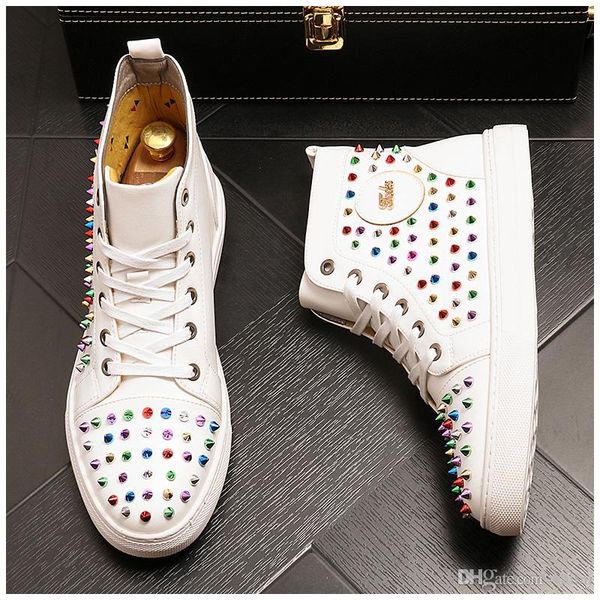 

new luxury designer sneaker men colorful studded rivet spike casual flats high wedding shoes male moccasins loafers sapato masculino, Black