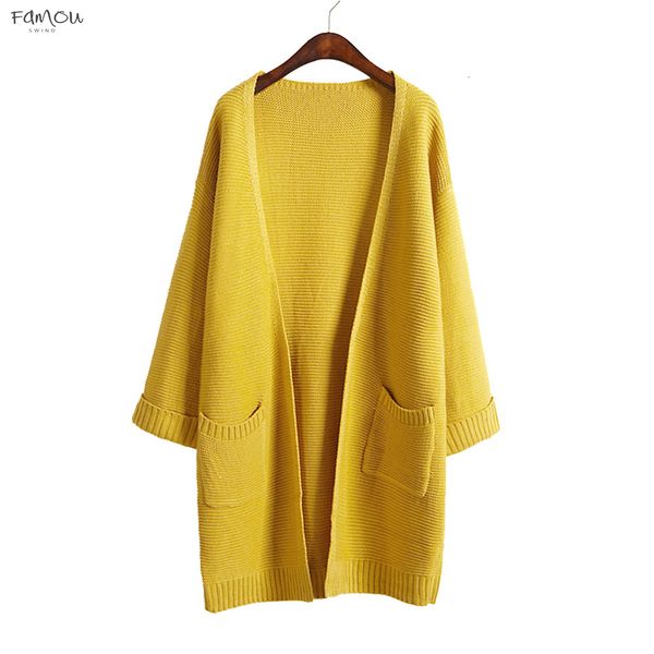 

2019 Ulzzang Girl Casual Long Knitted Cardigan Autumn Women Loose Solid Jacket Pocket Design Sweater Color Pink Beige