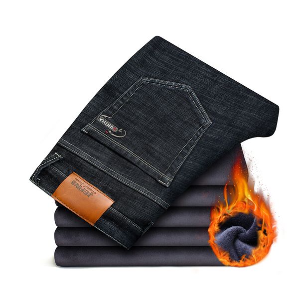 

2019 winter black jeans slim fit elastic denim trousers male thick fleece for big and tall men big size 38 40 42 44 46, Blue