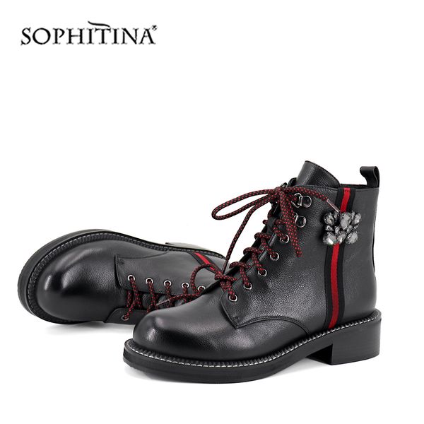 

sophitina fashion lace-up boots genuine leather comfortable square heel special crystal shoes ankle boots c415, Black