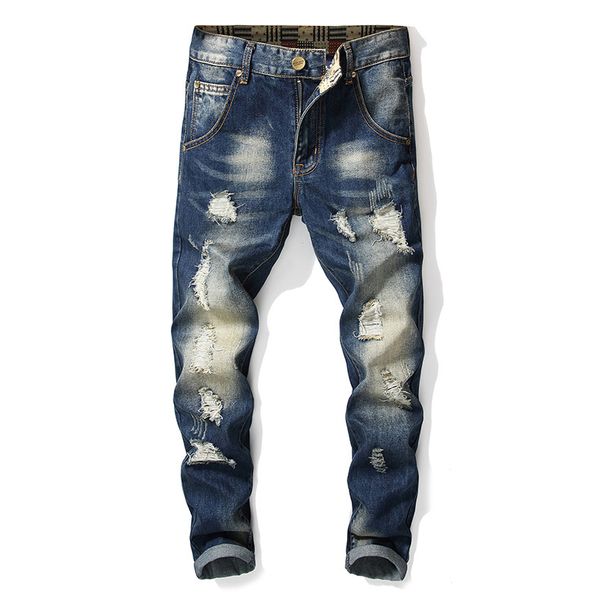 

mens ripped slim fit jeans biker hole long pencil worn out high elastic waist zipped fits for all season casual pants, Blue