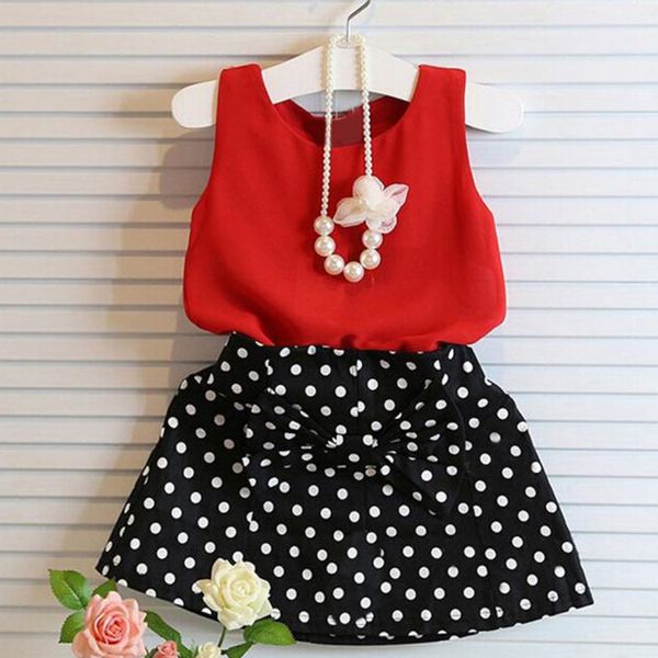 

girl set 2020 summer vest + dot short skirts children baby girl princess 2pcs with bowknot 2-10 years kids clothing suits, White