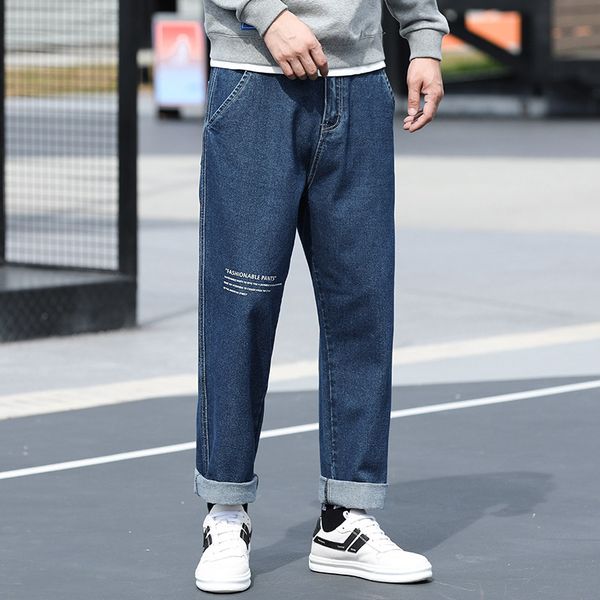 

2019 autumn and winter new men's letter printed jeans drape straight pants, Blue