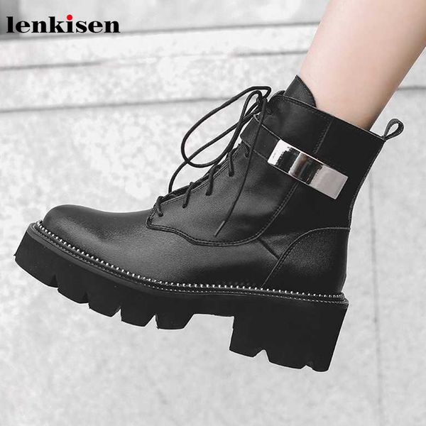 

lenkisen gladiator genuine leather round toe high heels waterproof metal decorations fashion rivets winter women ankle boots l72, Black