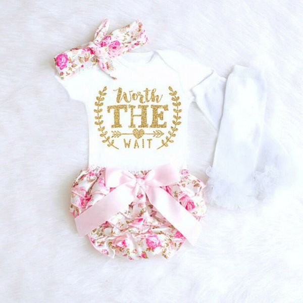 

3pcs newborn baby girls clothes playsuit bodysuit +pants+ headband floral coming home outfit set 0-24m, White