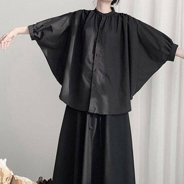 

women black pleated big size blouse new stand collar batwing sleeve loose fit shirt fashion spring autumn 2020 19a-a696, White