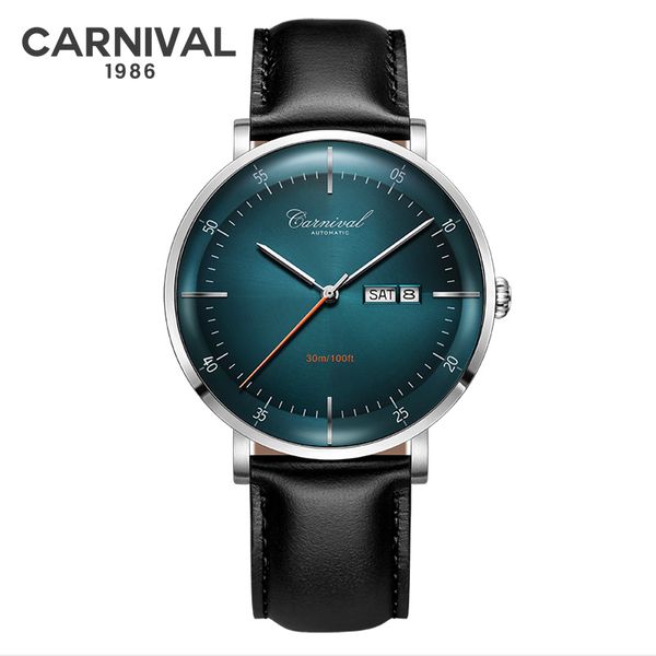 

miyota movement mechanical watches brand carnival fashion automatic watch men calendar week waterproof leather band sapphire, Slivery;brown