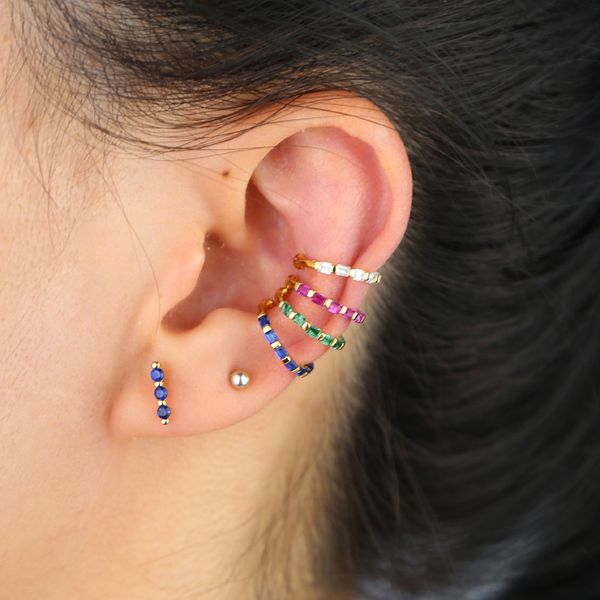 

r cute 1 piece colorful rainbow birthstone cz ear cuff earring with gold color mini adjust no piercing cuff clip earring, Silver