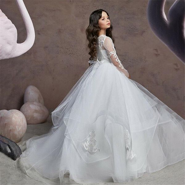 

elegant white flower girl dress long sleeve lace applique wedding fluffy tulle ball gown holy communion pageant party dresses, Red;yellow