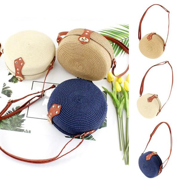 

summer handmade rattan bag woven shoulder bags pu leather straps lock hasp holiday beach crossbody bag messengers women handbag