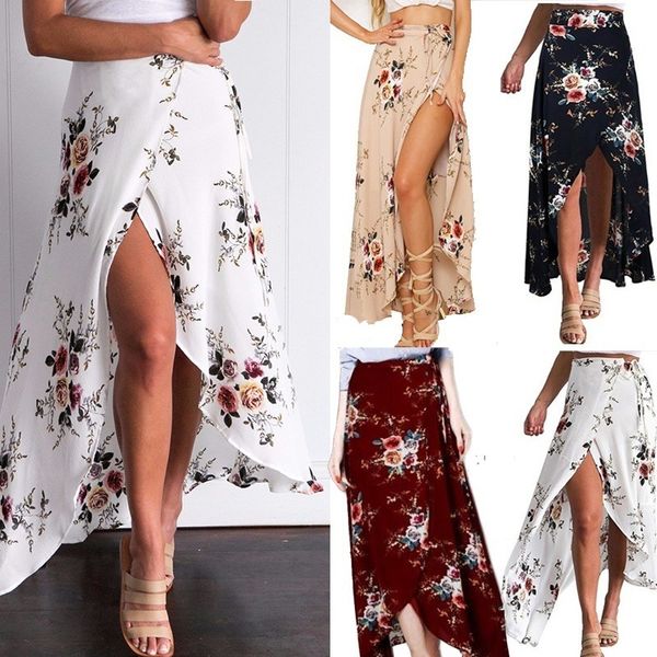 

high split womens summer skirts floral middle waist seaside vacation womens designer skirts irregular summer big swing female basic dresses, Black