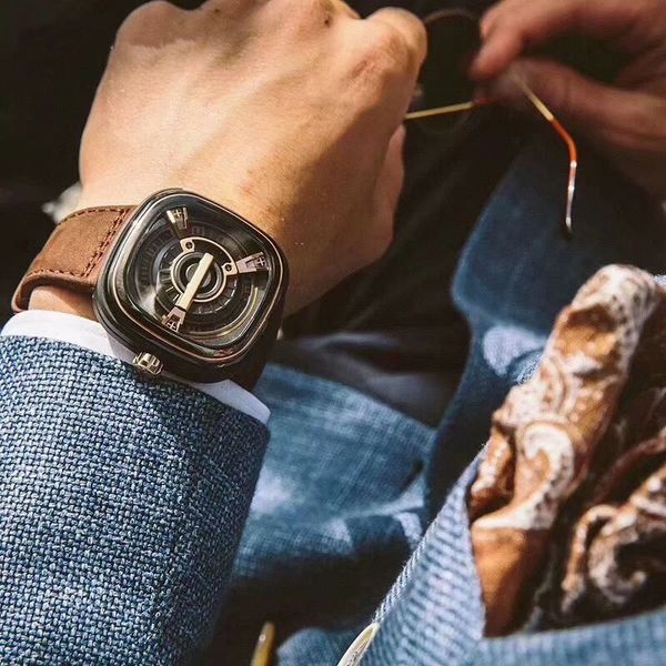 

2020 grade new fashion mens 47mm skeleton sfm202 watches real leather band seven fiday man wristwatch gift swiss orologi di lusso, Slivery;brown