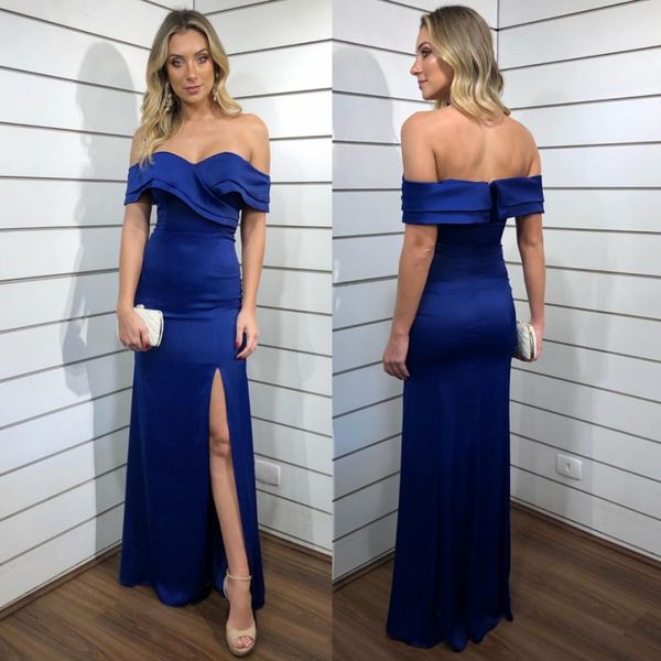 

royal blue side split bridesmaid dresses off the shoulder ruffled country maid of honor gowns floor length satin sheath wedding guest dress, White;pink