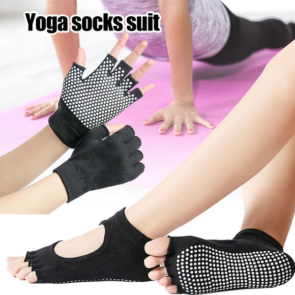 

sports fitness yoga socks and gloves set five-toe anti-skid breathable glove socks set bhd2, Black