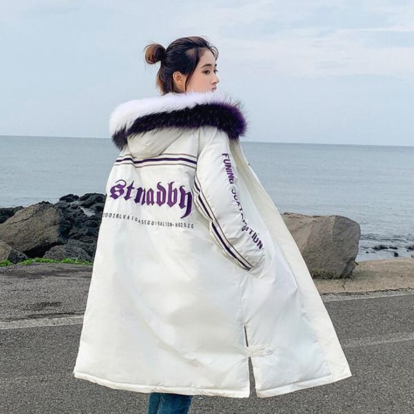 

winter fur collar hooded parka coat mujer down cotton padded long jacket outwear women embroidery letter casual coat plus size, Black