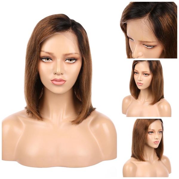 

short bob ombre brown full lace human hair wigs virgin wavy human hair with pre-plucked hairline wigs for women baby, Black;brown