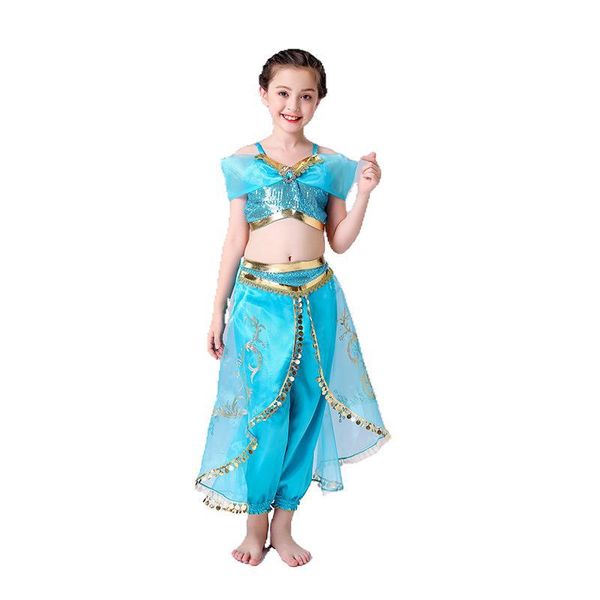 

2020 baby girls aladdin lamp jasmine princess outfits children cosplay costume cartoon kids fancy dress for halloween christmas party, Blue
