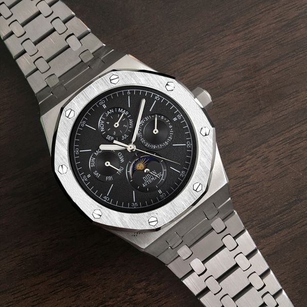 

automatic watch men mechanical watch male moon phase diving calendar wristwatch waterproof, Slivery;brown