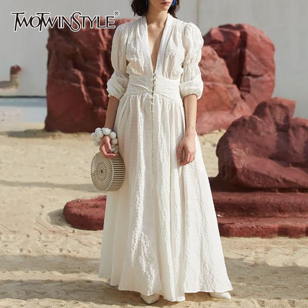 

twotwinstyle casual white women dress v neck puff sleeve high waist button midi dresses female fashion 2019 spring new tide, Black;gray