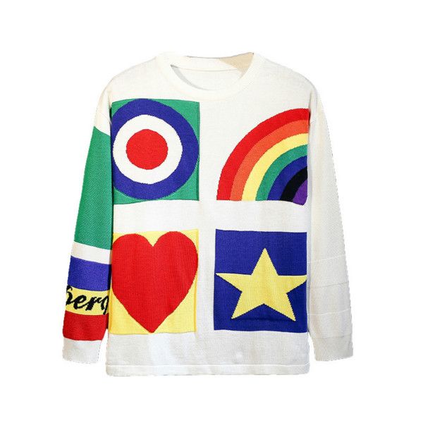 

2019 new preppy style autumn rainbow round knit neck pullover sweater embroidery crew neck sweater panelled sweaters wholesale size s-l, White;black