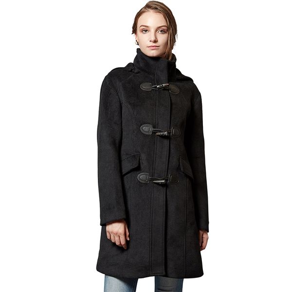 

escalier women wool coat hoodie winter classic duffle toggle pea coats, Black