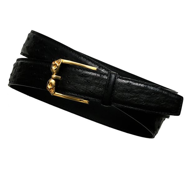 

688 genuine ostrich leather brass buckle durable stylish skull handmade belt, Black;brown