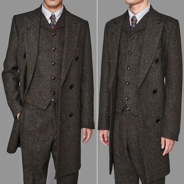 

men's coffee winter vintage long vested suits warm groom wear coat 3 pieces for wedding double breasted peak lapel blazer(jacket+vest+p, Black;gray