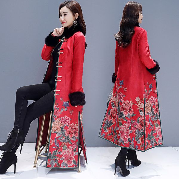 

suede trench 2018 winter new style slim fit chinese-style ethnic-style chinese costume cheongsam plus cotton coat women's autumn, Blue;black
