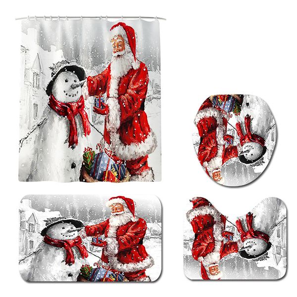 

180 * 180cmnew christmas decoration santa claus christmas snowman print bathroom non-slip absorbent pad waterproof shower curtain four-piece