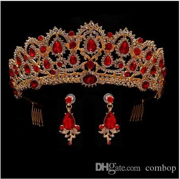 

red queen crown crystal bridal tiaras bride crown and earrings baroque headband wedding accessories diadem hair jewelry ornament, Slivery;golden