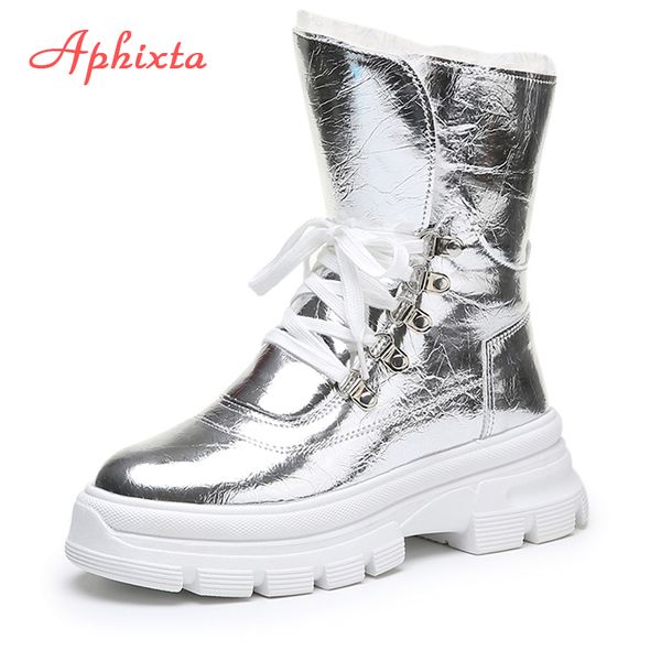 

aphixta 2019 winter shoes women mid-calf waterproof snow boots with warm plush sequined cloth footwear platform boots woman, Black