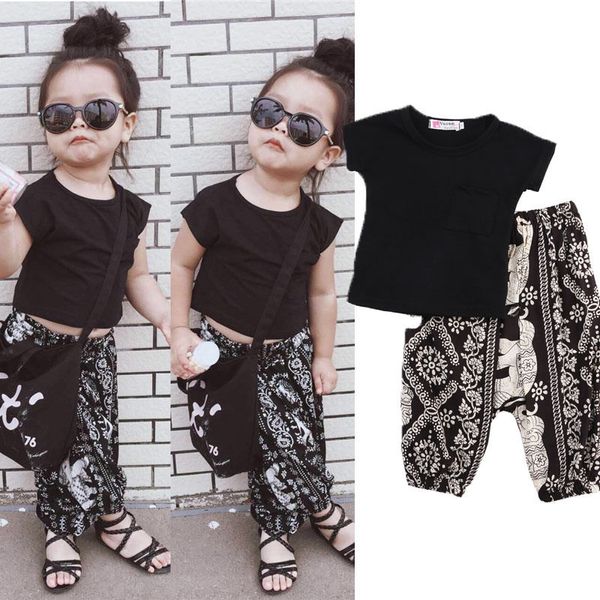 

2pcs summer fashion casual toddler baby girls boys sets short sleeve solid black t-shirts pattern print harem pants 0-5y, White