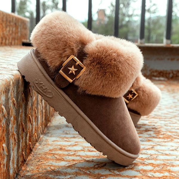 

jaycosin fashion women's ankle boots winter rounded toe snow boots female slip on warm buckle boot turn over edge winter shoes, Black