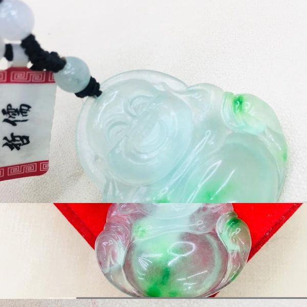 

natural burmese emerald jade carving double color buddha pendant with emerald three-color beads necklace send a certificate, Silver