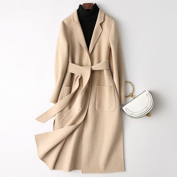 

wool coat women autumn winter new adjustable waist belt long sleeve double sided wool coat women casual long slim overcoat, Black