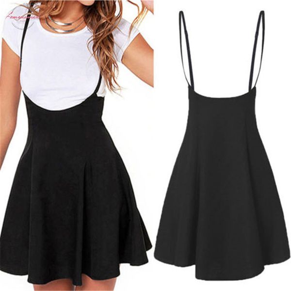 

summer fashion women ladies mini preppy style high waist pure color stretch flared skater swing short suspender dress, Black;gray