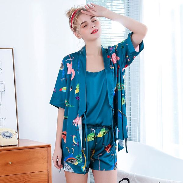 

kisbini 2019 summer ice silk pajamas set for women 3pcs half sleeves shirt+tank+shorts animal print nightwear homewear pijamas, Blue;gray