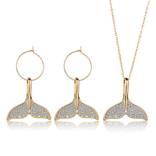 

pengbin ocean style jewelry set crystal fish tail pendant clavicle chain necklace earrings for couples engagement wedding, Silver