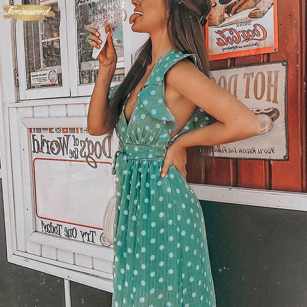 

летнее платье глубокий v шеи горошек зеленый 2019 сборки v образным вырезом без рукавов пляж платье sash женщин сексуальное платье femme, Black;gray